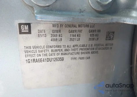 2013 Chevrolet Volt z USA, uszkodzony, nr VIN 1G1RA6E41DU126359